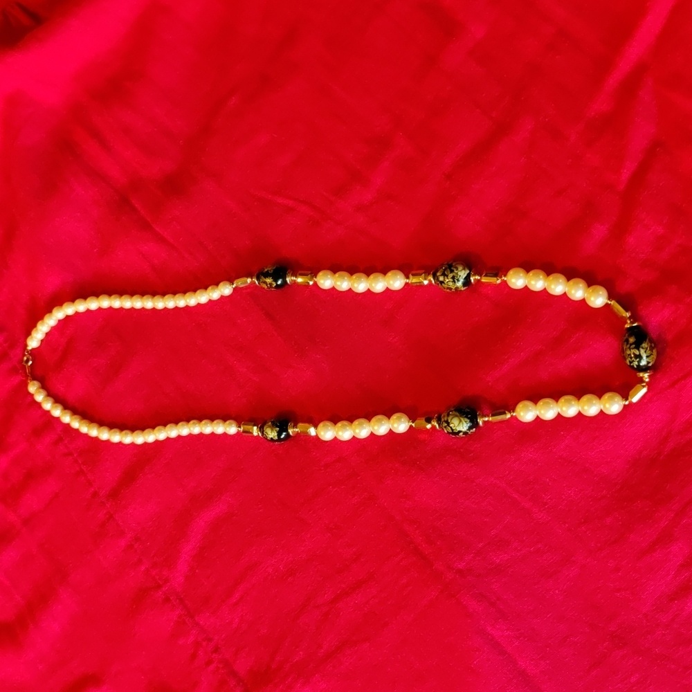 Japan Vintage Beaded Necklace Pearl Floral Wedding Cake Painted Black Gold